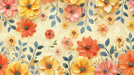 Fototapeta premium Vibrant 3D Floral Seamless Pattern: Orange, Yellow, Red Flowers and Desaturated Green Leaves