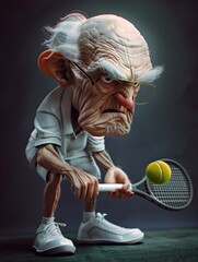 Humorous digital painting of an elderly man playing tennis, showcasing determination and a light-hearted spirit. Ideal for sports and humor themes.