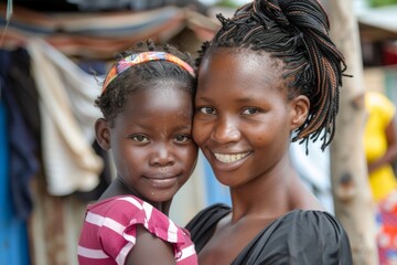 smiling black woman with child portrait - black woman portrait - World Humanitarian Day - people in african community, poverty social issues