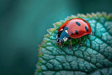 Obraz premium Ladybug crawling on a fresh green leaf, bright daylight, ultracloseup, vivid red and green contrast, capturing tiny details and natural textures, macro photography