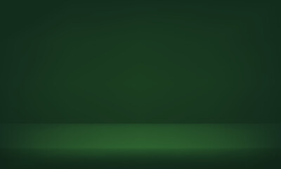 Dark green background. Space for selling products on the website. Green Background Empty Room Studio with table. Business backdrop. Empty room with light effect. Vector illustration.