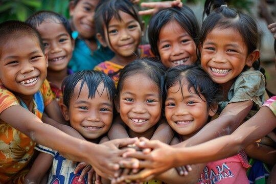 diverse underprivileged kids together united on group portraitWorld Humanitarian Day, charity, helping others and volunteering