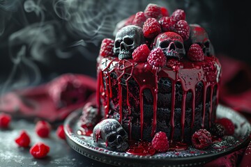 Hyperrealistic photo of a decadent cake made from bloodred velvet