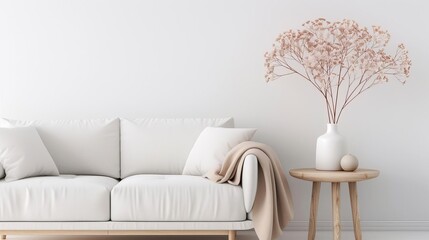 Minimalist living room with white sofa, beige decor, and a wooden side table with a vase of dried flowers.