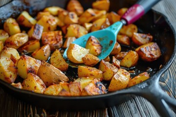 Cooked potatoes in a cast iron skillet with a colorful spoon