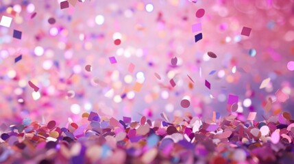 Obraz premium Vibrant pink and purple confetti cascading down with a soft bokeh background, perfect for party celebrations.