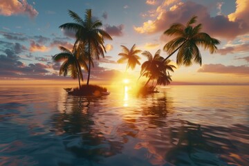 Ocean sunset: palm trees, small island, and calm waters in serene scene