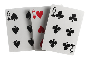 Flying playing card for poker and gambling, three sixes isolated on white, clipping path