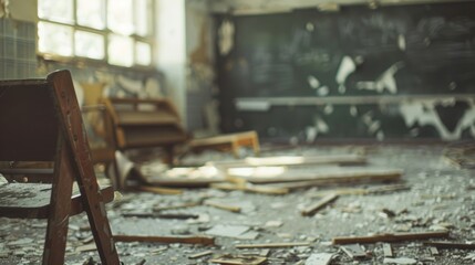 An abandoned classroom with broken furniture, debris on the floor, and a dilapidated chalkboard, evoking a sense of decay and neglect.