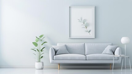 Minimalist living room with modern gray sofa, indoor plant, and wall art in a bright, white interior. Contemporary and elegant decor.