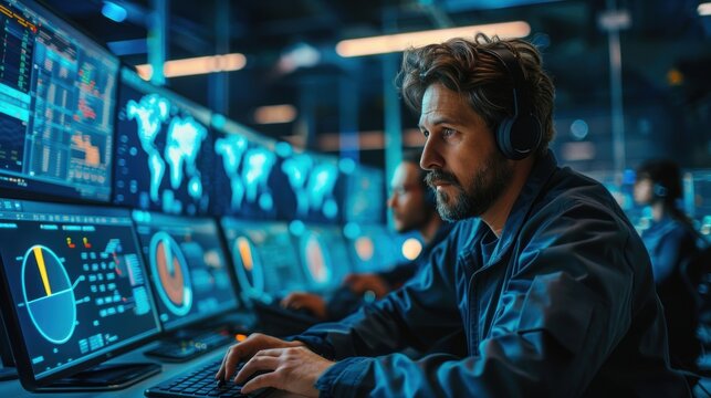 A focused man wearing headphones works in a control room, monitoring multiple screens displaying global data and analytics, emphasizing technology and operations.