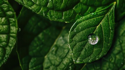 Close-up, macro photography, dewdrop on leaf theme, top view, emphasizing tiny details in nature, digital tone, Analogous Color Scheme