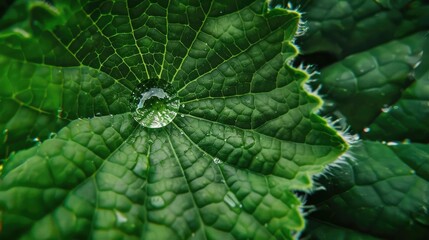 Close-up, macro photography, dewdrop on leaf theme, top view, emphasizing tiny details in nature, digital tone, Analogous Color Scheme