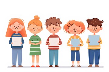 Fototapeta premium 5 cute cartoon school kids standing in line holding blank white cards. A flat design illustration in the style of simple vector art with a white background