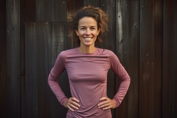 Fototapeta premium Portrait of a content woman in her 40s wearing a moisture-wicking running shirt on rustic wooden wall