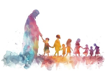 Jesus Blessing Children in Serene Watercolor Artwork