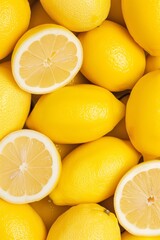 A close-up image of a pile of fresh, yellow lemons, with some lemons sliced in half, revealing their juicy flesh