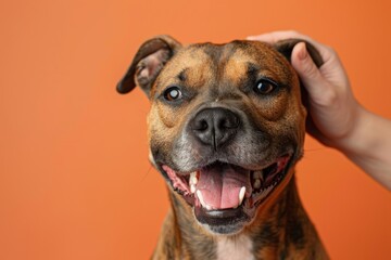 Obraz premium A dog whose head is rubbed smiles happily