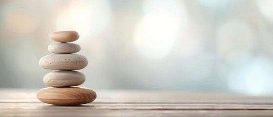 Obraz premium Close-up of balanced stones stacked in pyramid shape on wooden surface with blurred background. Concept of balance, harmony, and meditation.