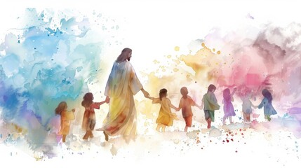 Jesus Blessing Children in Serene Watercolor Artwork