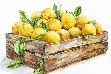 Watercolor illustration of a wooden crate filled with ripe lemons