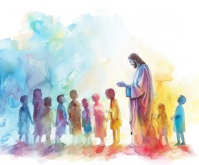 Jesus Blessing Children in Serene Watercolor Artwork