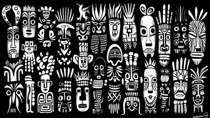 Tribal Masks Ethnic Decorative Patterns Abstract Black White