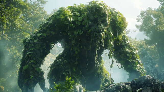 A colossal green giant made of leaves and vines stands majestically in the heart of an enchanted forest. Its body covered with dense foliage that resembles thick moss or verdant grasses