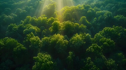 Lush Green Forest Bathed in Warm Sunbeams,Creating a Magical and Serene Landscape