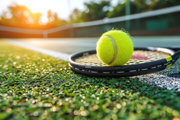 a tennis ball and racket on a tennis court professional photography