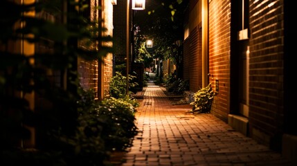 Fototapeta premium Mysterious Nighttime Brick Street with Shadowy Figures and Dim Lamps