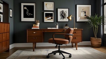 wooden chair, table office corner in home