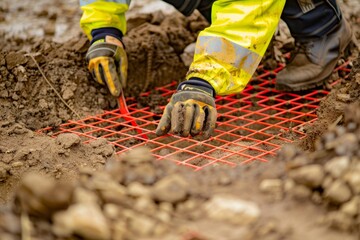 Fototapeta premium Construction Worker Installing Safety Grid in Trench for Ground Stability at Construction Site