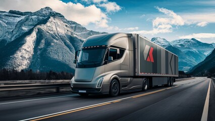 Obraz premium This is a photo of a gray semi-truck with a silver trailer driving on an asphalt road in the mountains.
