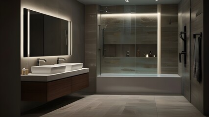 modern bathroom interior with shower, sink, bathtub