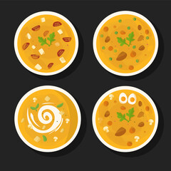 set of kinds of pumpkins or cream soup dish with various topping vector 