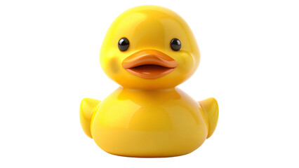 A bright yellow rubber duck bath toy isolated on a white background