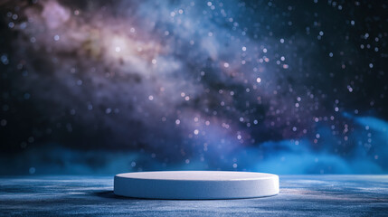 Abstract product display with a circular platform and a blurred background of a night sky with clouds and stars.