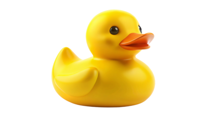 A bright yellow rubber duck bath toy isolated on a white background