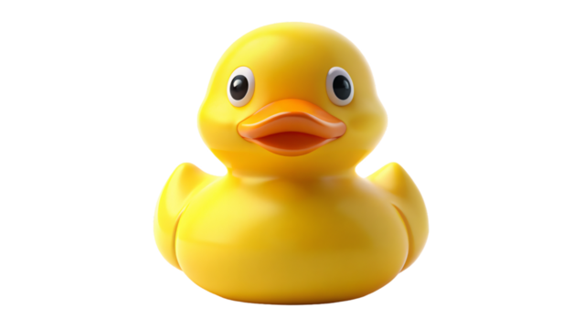 A bright yellow rubber duck bath toy isolated on a white background