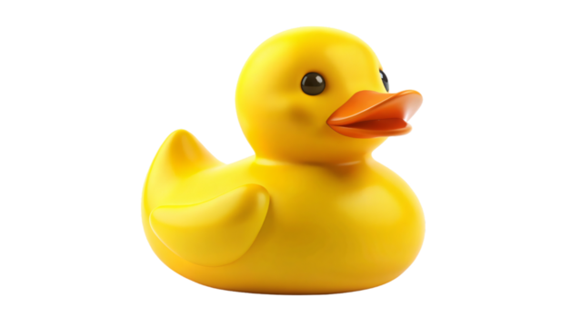 A bright yellow rubber duck bath toy isolated on a white background