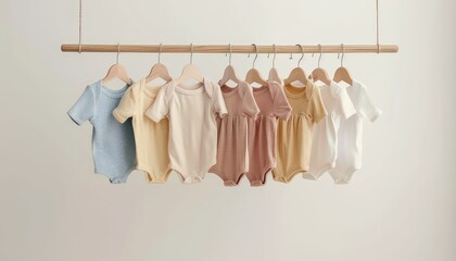 Baby bodysuits hanging on rack near white wall