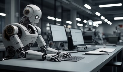 Fototapeta premium robots work in front of a laptop or computer. robots replace regular employees. Robot intelligence replaces human work. worker robots of the future. robot on the stage