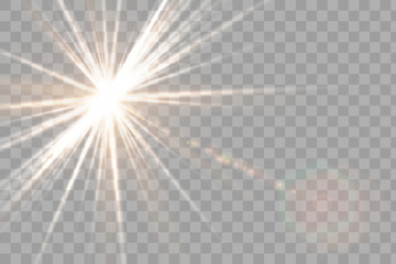 Shining golden star. Light Effect Bright Star, Christmas Star. Gold glowing light explodes. Vector transparent sunlight with special lens flare effect. Flash light effect with special lens. 