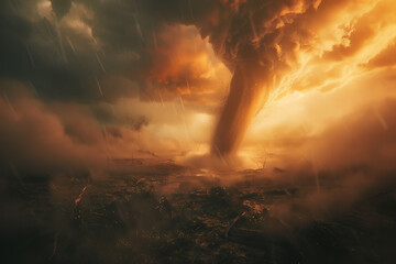 Fototapeta premium Fierce tornadoes, characterized by their twisting columns of air, wreak havoc across landscapes with powerful winds and destructive force.