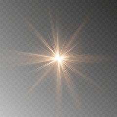 Shining golden star. Light Effect Bright Star, Christmas Star. Gold glowing light explodes. Vector transparent sunlight with special lens flare effect. Flash light effect with special lens. 