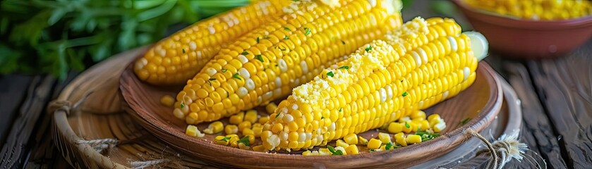 Three deliciously seasoned corncobs served on a wooden plate, surrounded by herbs and kernels, perfect for a summer meal.