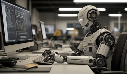 Naklejka premium robots work in front of a laptop or computer. robots replace regular employees. Robot intelligence replaces human work. worker robots of the future. robot in action