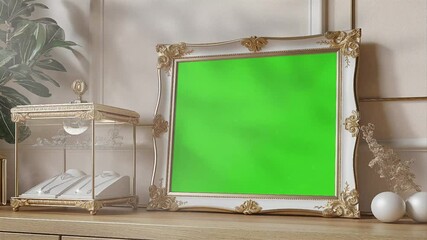 Arrangement of wedding photo frame mockup wedding ornament elements, green screen and leaf shadow animation video background