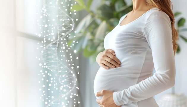 Pregnant woman and illustration of DNA structure on white background